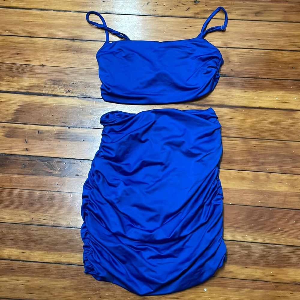 two piece set, blue, ruffle